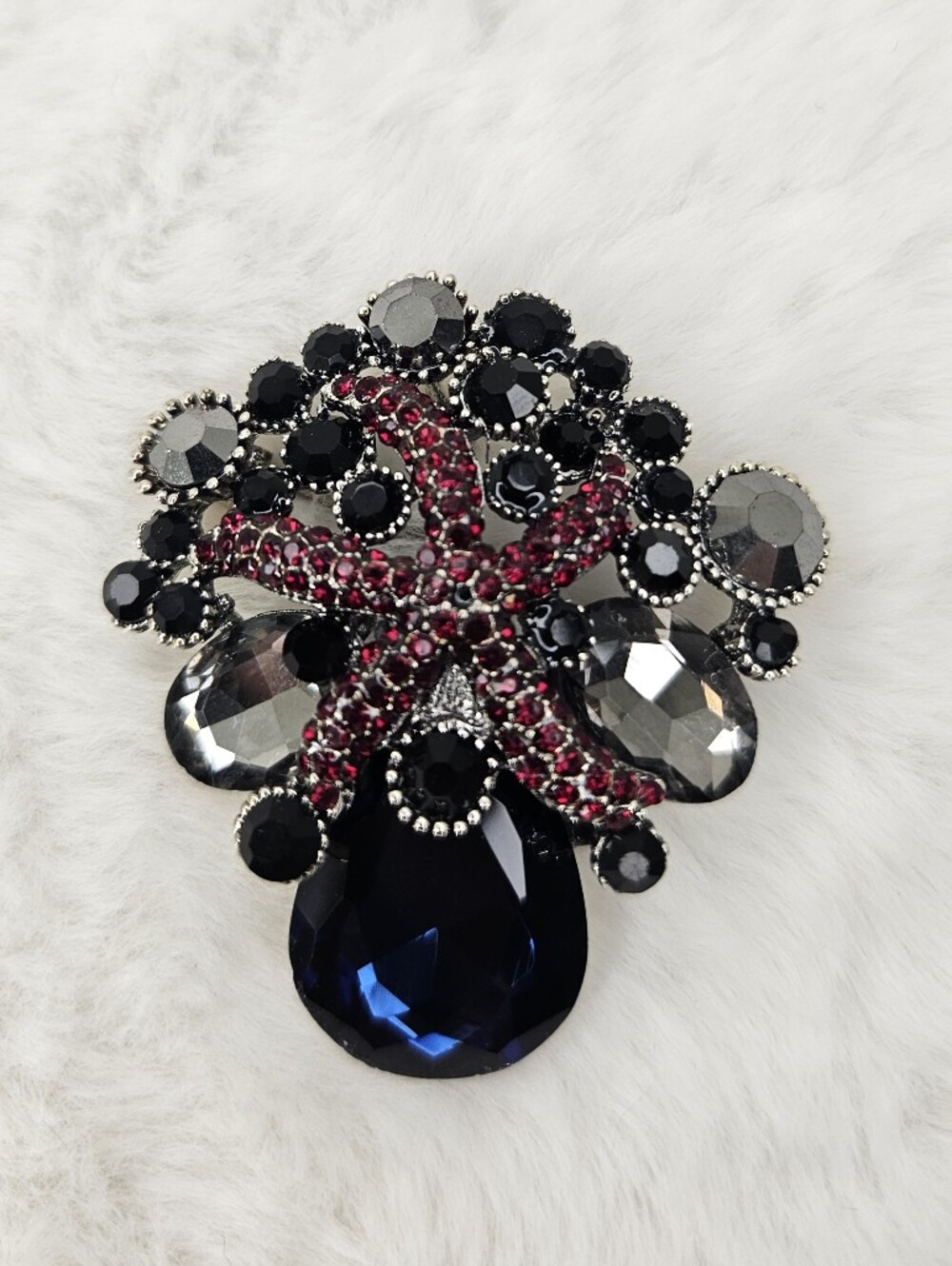 Rhinestone Starfish Brooch in Black, Red and Blue